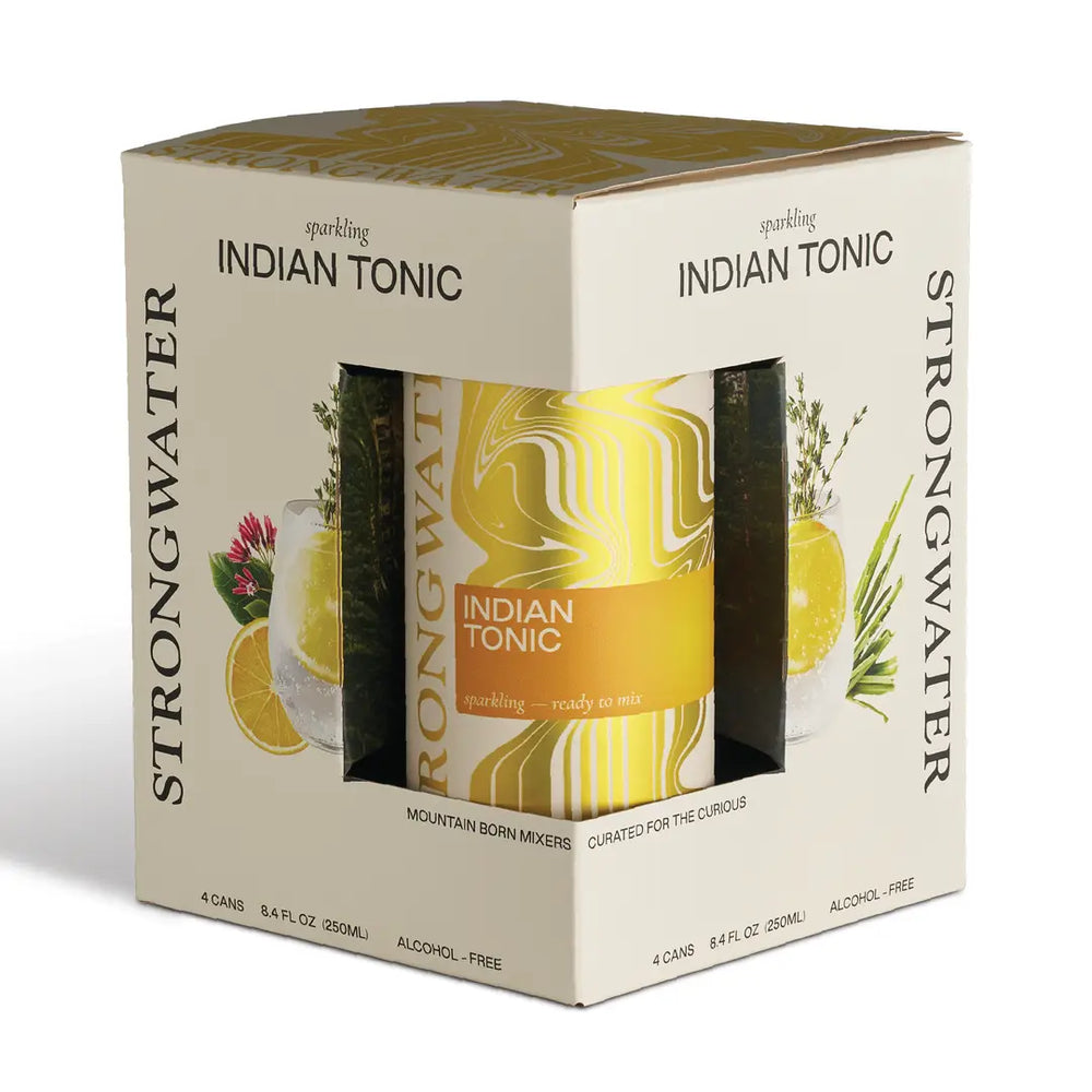 A boxed set of four cans of Sparkling Indian Tonic by Mountain Born Mixers, shown in its retail packaging on a white background.