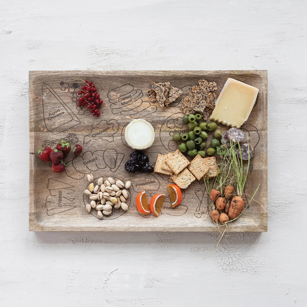 Mango Wood Serving Board with Etched Charcuterie Spread