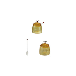 Glass Honey Jar with Bee Finial, Honey Dipper & Lid, Yellow & Amber Color