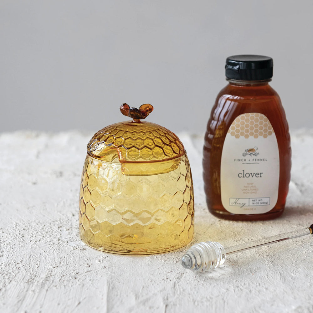 Glass Honey Jar with Bee Finial, Honey Dipper & Lid, Yellow & Amber Color