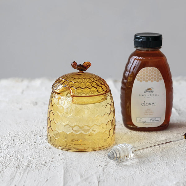 Glass Honey Jar with Bee Finial, Honey Dipper & Lid, Yellow & Amber Color