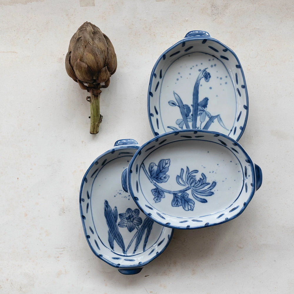 Stoneware Baker with Handles Blue and White Floral Design (3 Styles)