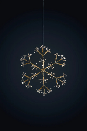 Champagne snowflake hanging light glowing with warm white LEDs.