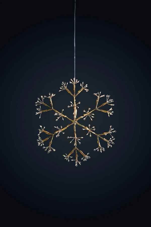 Champagne snowflake hanging light glowing with warm white LEDs.