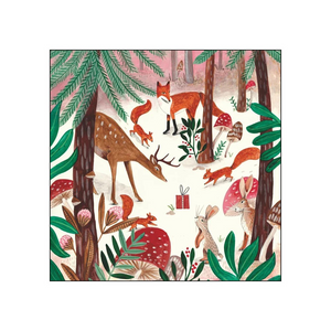 beverage cocktail napkin featuring a whimsical forest illustration with foxes, a deer, a rabbit, mushrooms, and a small gift box, shown centered on a white background.