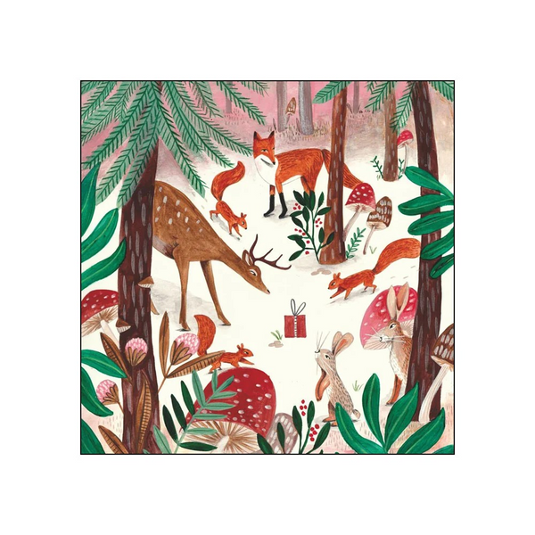 beverage cocktail napkin featuring a whimsical forest illustration with foxes, a deer, a rabbit, mushrooms, and a small gift box, shown centered on a white background.