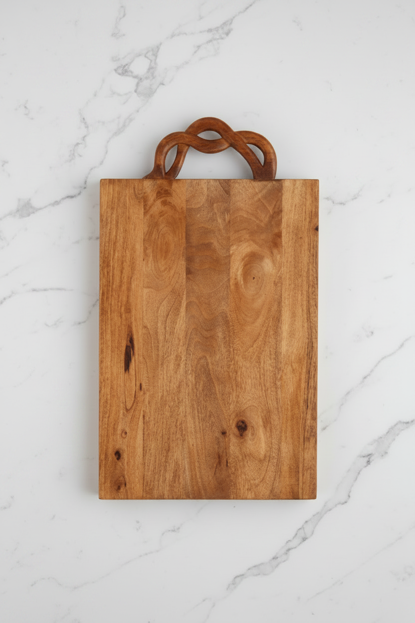 Wooden cutting board with a handle on a white background