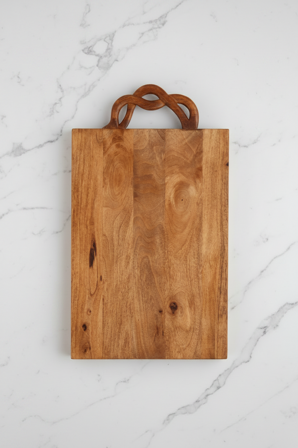 Wooden cutting board with a handle on a white background