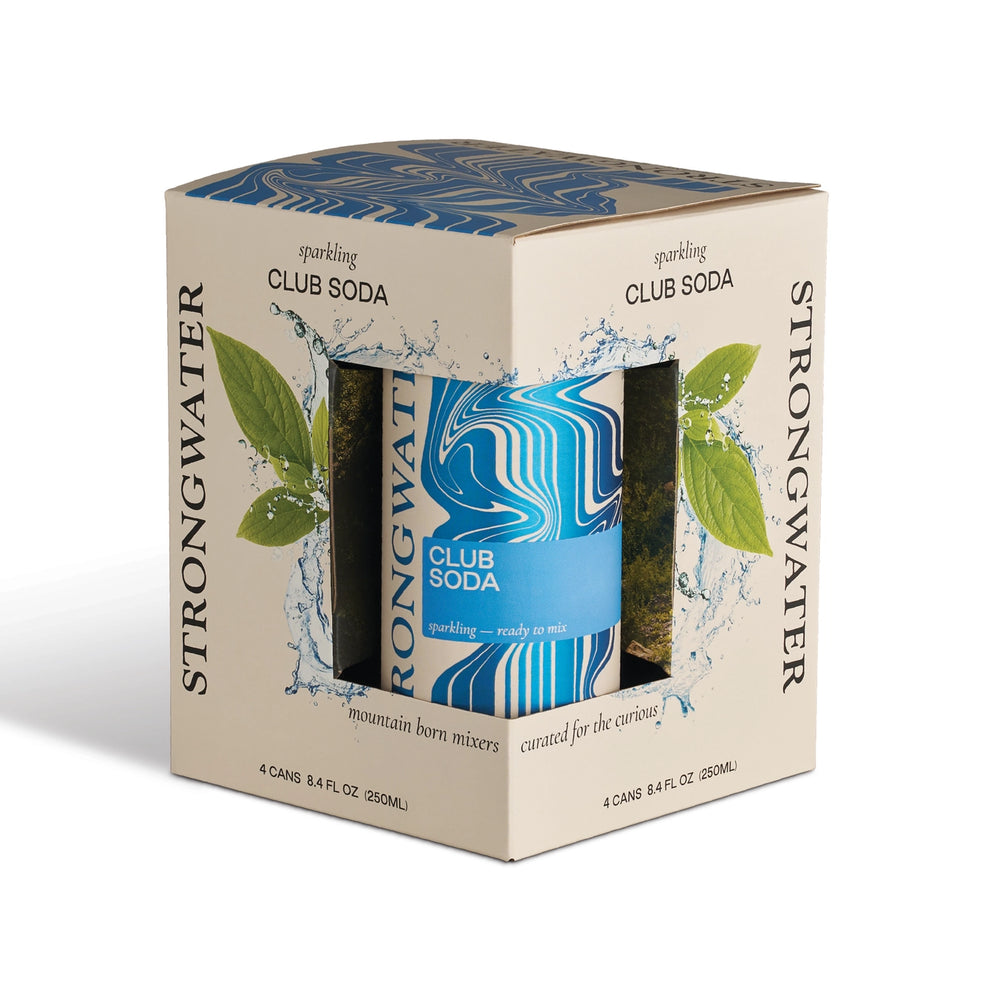 A boxed set of four Strongwater Club Soda sparkling mountain farm mixers in 8.4 fl oz cans, presented in a beige cardboard display box with blue and green graphics.
