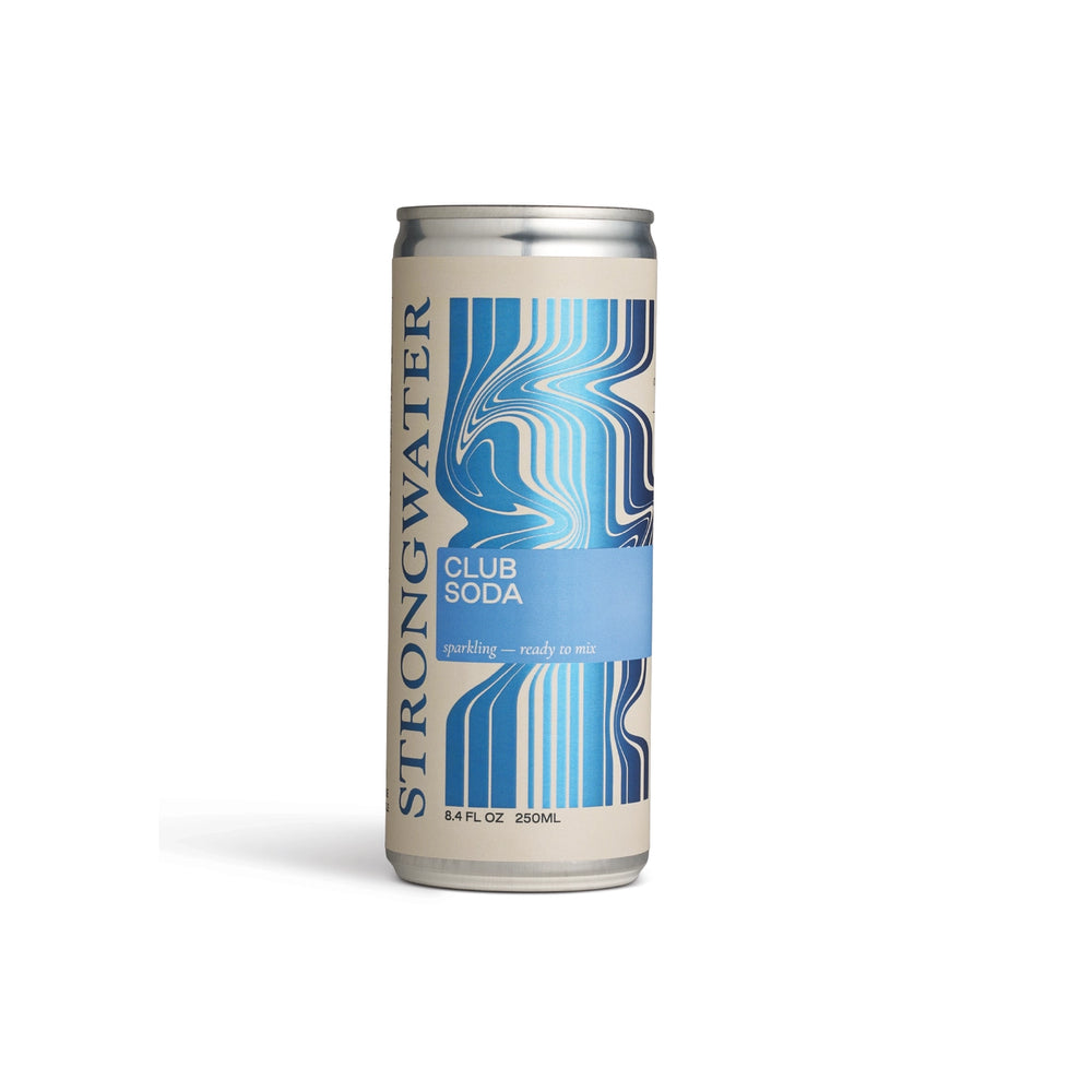 A boxed set of four Strongwater Club Soda sparkling mountain farm mixers in 8.4 fl oz cans, presented in a beige cardboard display box with blue and green graphics.
