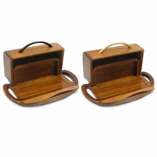 Acacia Wood Flip-Top Butter Dish with Spreader - Black Matte or Gold Finished Handle