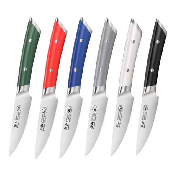 Set of six paring knives with colored handles on a white background