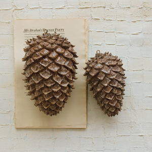 Two decorative pinecones on a piece of paper with text against a textured white wall.
