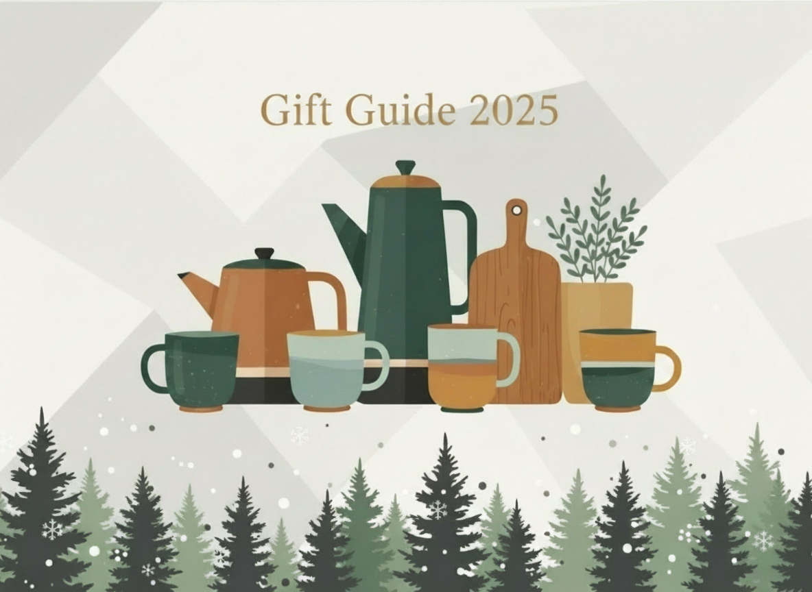 Gift guide 2025 with pine trees on the bottom graphic