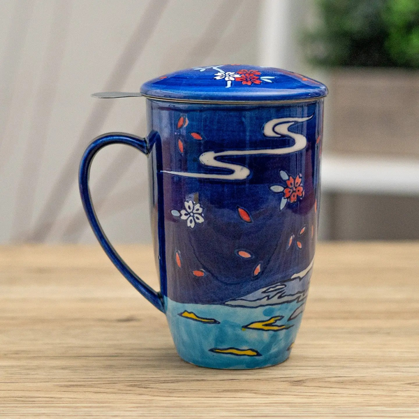 Fuji Mountain Design Tea Mug with Lid and Infuser For Loose Leaf Tea