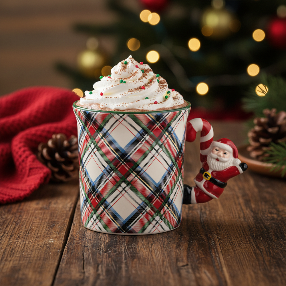 A ceramic Christmas mug featuring a red, green, and white plaid pattern, with a sculpted Santa Claus handle holding a candy cane, shown against a plain white background.