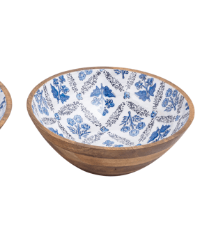 Blue Floral Wooden Bowl - Choose from Small or Large