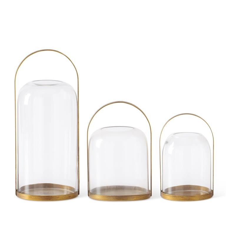 Round Gold Metal Lantern Candleholders w/Glass Domed Hurricanes - Choose from 3 Sizes