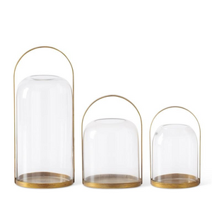 Round Gold Metal Lantern Candleholders w/Glass Domed Hurricanes - Choose from 3 Sizes