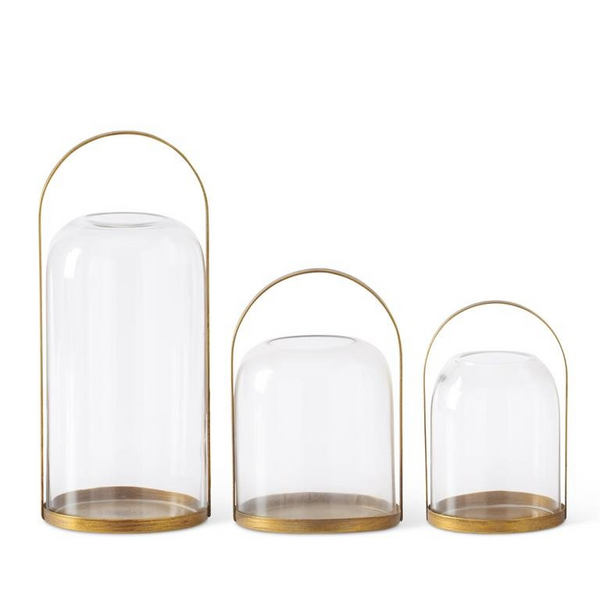 Round Gold Metal Lantern Candleholders w/Glass Domed Hurricanes - Choose from 3 Sizes