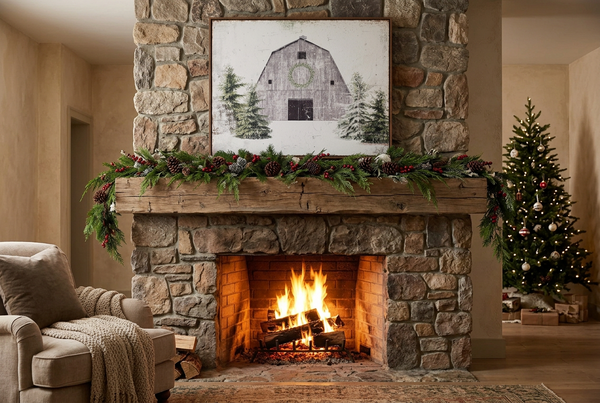 A white barn and pine tree print hanging above a stone fireplace with a crackling fire, a wood mantel draped in greenery, and a cozy armchair nearby.
