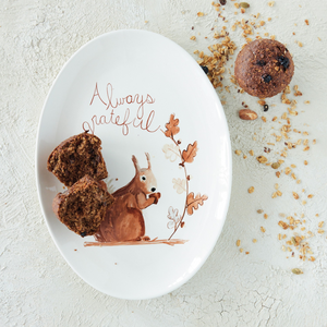 Stoneware Platter with Squirrel "Always Grateful"