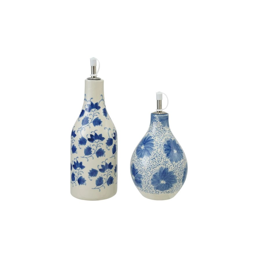 Stoneware Oil Cruet with Blue & White Floral Pattern - Choose from 2 Styles