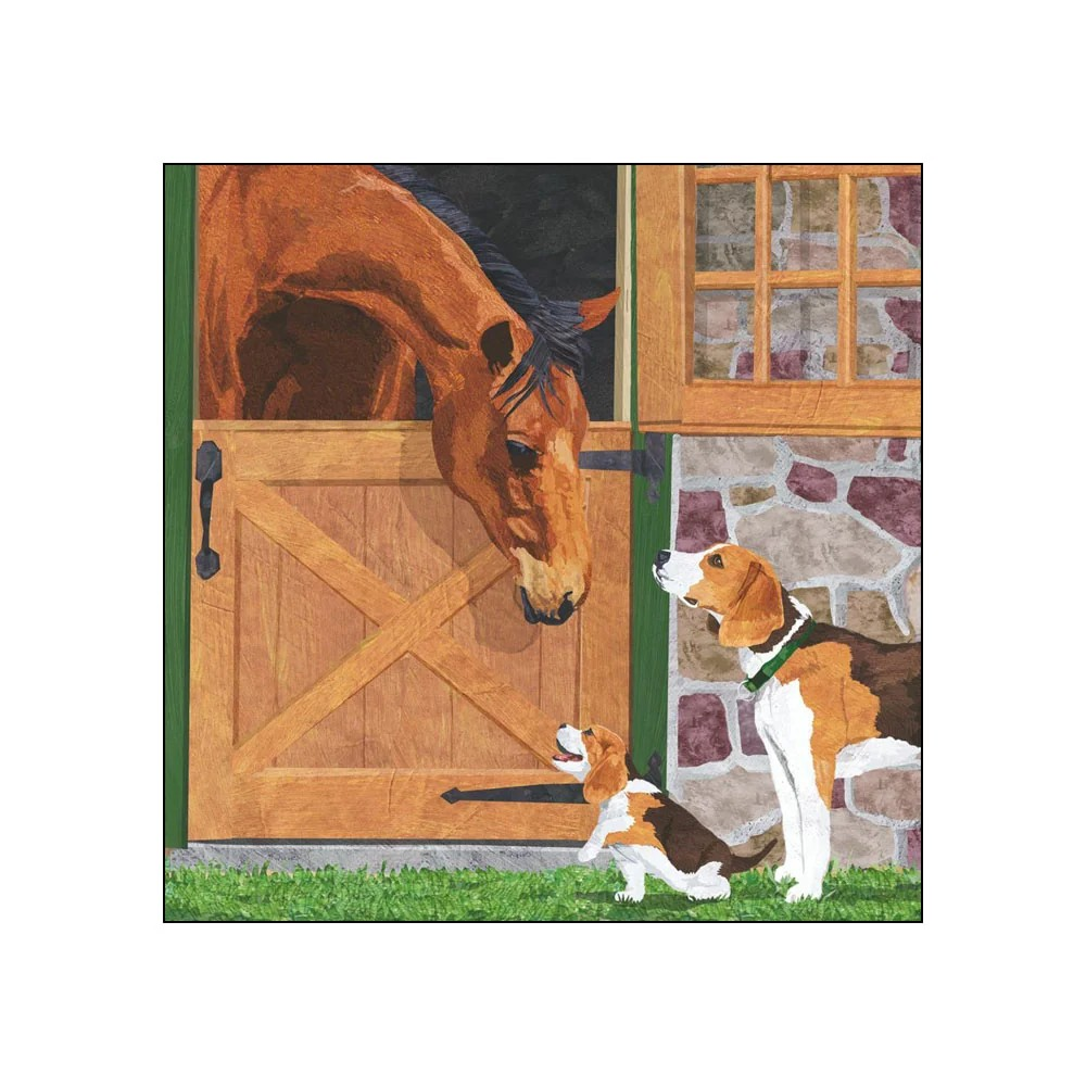 A beverage cocktail napkin illustration showing a brown horse leaning out of a wooden stable door next to a stone wall, with two beagle dogs standing on grass in front. 