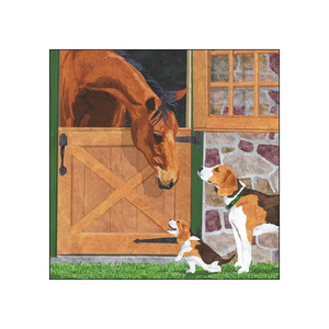 A beverage cocktail napkin illustration showing a brown horse leaning out of a wooden stable door next to a stone wall, with two beagle dogs standing on grass in front. 