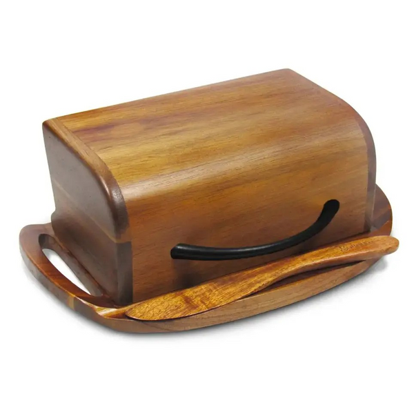 Acacia Wood Flip-Top Butter Dish with Spreader - Black Matte or Gold Finished Handle