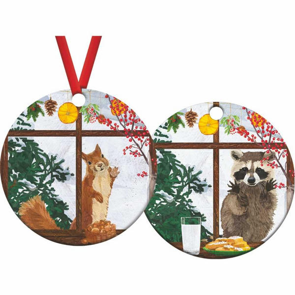 Round porcelain ornament with a squirrel on one side and a raccoon on the other.