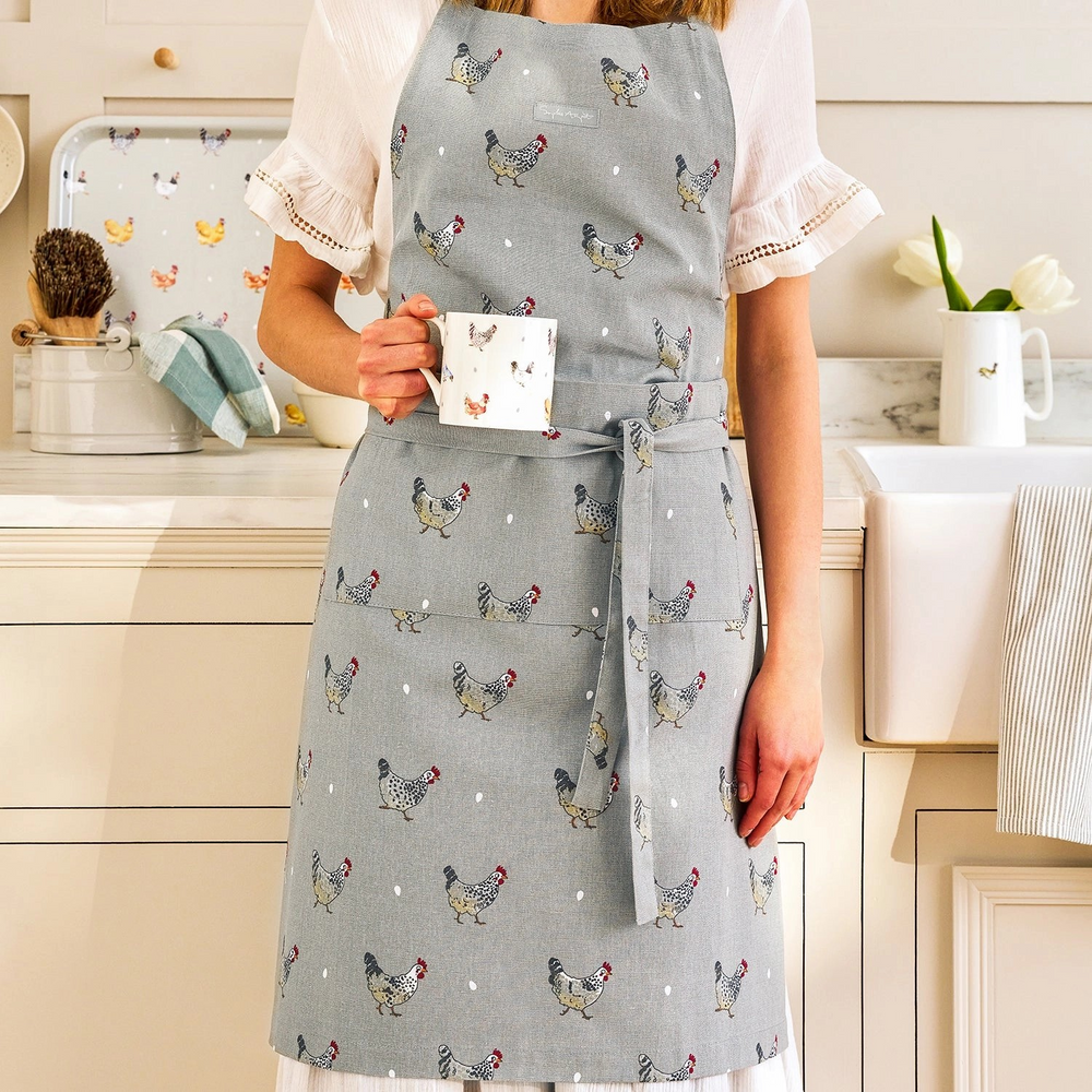 Gray apron with chicken pattern on a white background