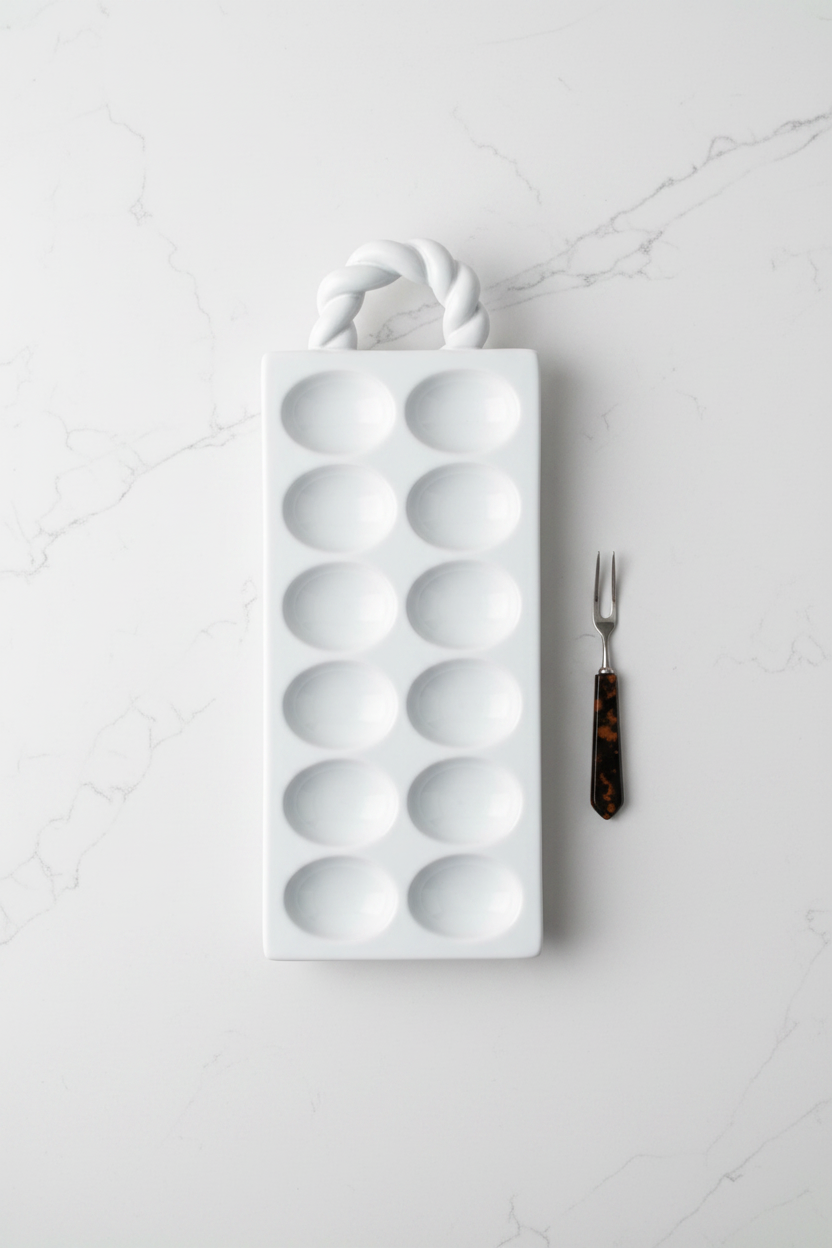 White deviled tray with a handle on a white background with serving fork