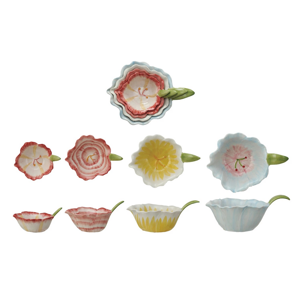Hand-Painted Stoneware Flower Shaped Prep Bowls, Set of 4