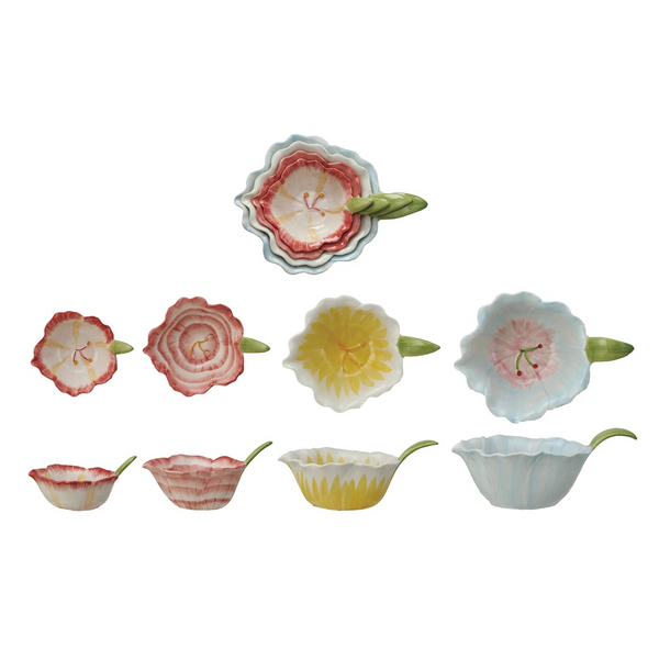 Hand-Painted Stoneware Flower Shaped Prep Bowls, Set of 4