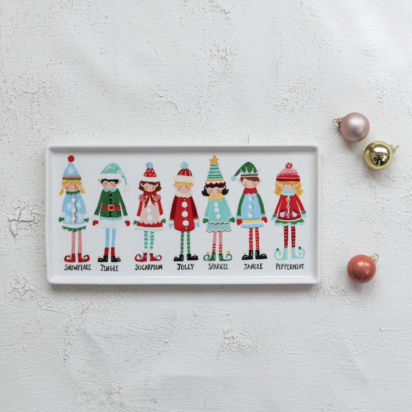 Stoneware Platter with Santa's Elves