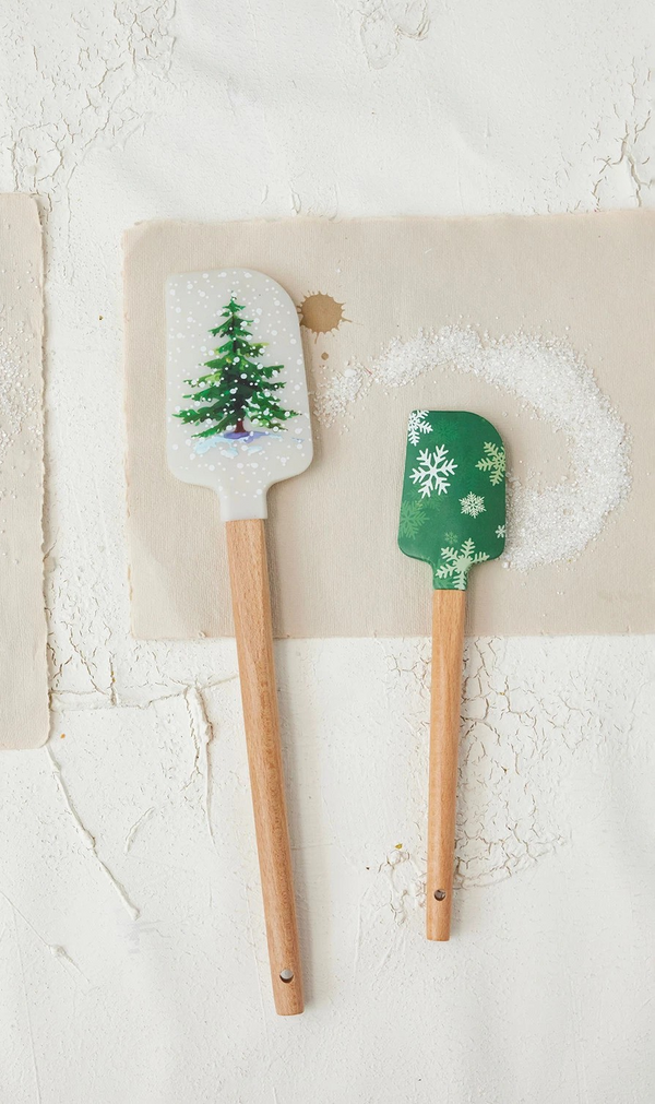 Silicone & Wood Spatulas with Measurement Conversions, Set of 2 (1 Regular Size, 1 Mini)