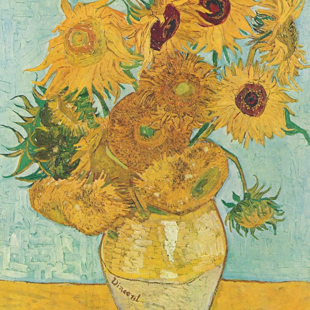 Van Gogh-style lunch napkin of a bouquet of sunflowers in a cream-colored vase against a light blue background, with visible brushstrokes and the signature 'Vincent' near the base.
