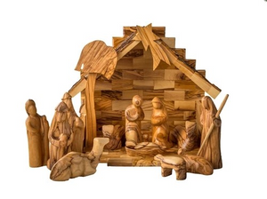 Olive wood nativity set with a stable and 13 modern carved figures.