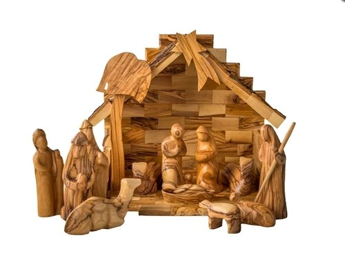 Olive wood nativity set with a stable and 13 modern carved figures.