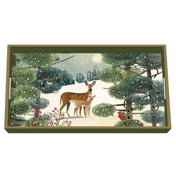 Rectangular green lacquered wood tray with a gold rim and a decoupaged winter scene of a doe and fawn in the snow, surrounded by evergreens, red berries, and robins.