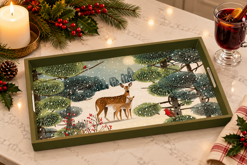 Winter Deer Lacquered Wood Tray
