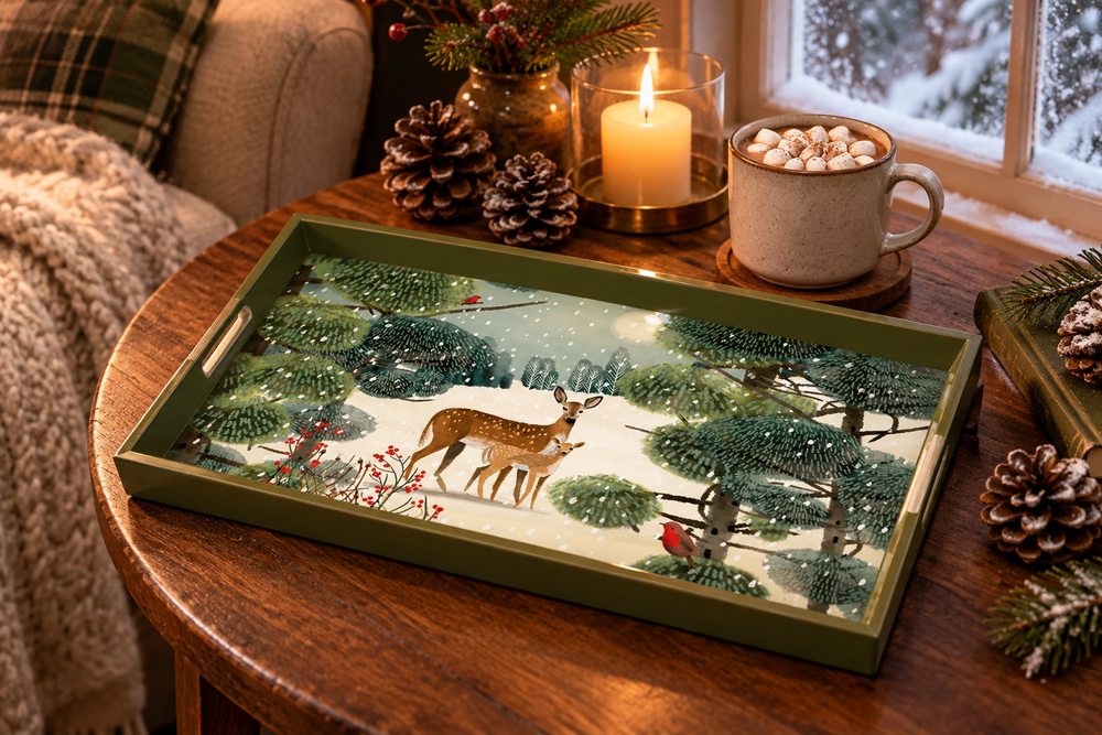 Winter Deer Lacquered Wood Tray