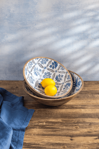 Blue Floral Wooden Bowl - Choose from Small or Large