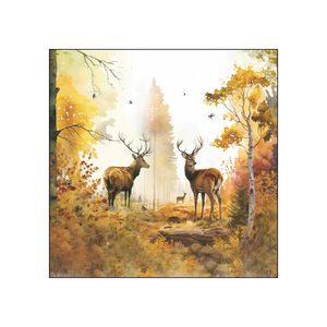 A cocktail beverage napkinfeaturing a watercolor-style forest scene with two deer, one stag and one doe, standing among autumn trees in warm yellow, orange, and brown tones.
