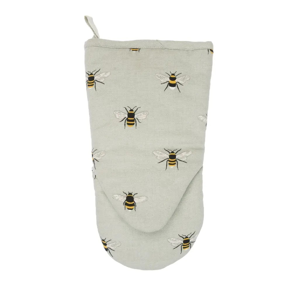 A light sage green oven mitt featuring a repeating pattern of embroidered bumblebees, shown against a plain white background.