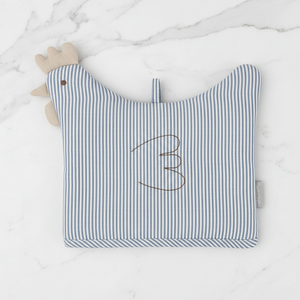 Striped chicken tea cosy shaped like a rooster on a white background