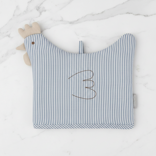 Striped chicken tea cosy shaped like a rooster on a white background