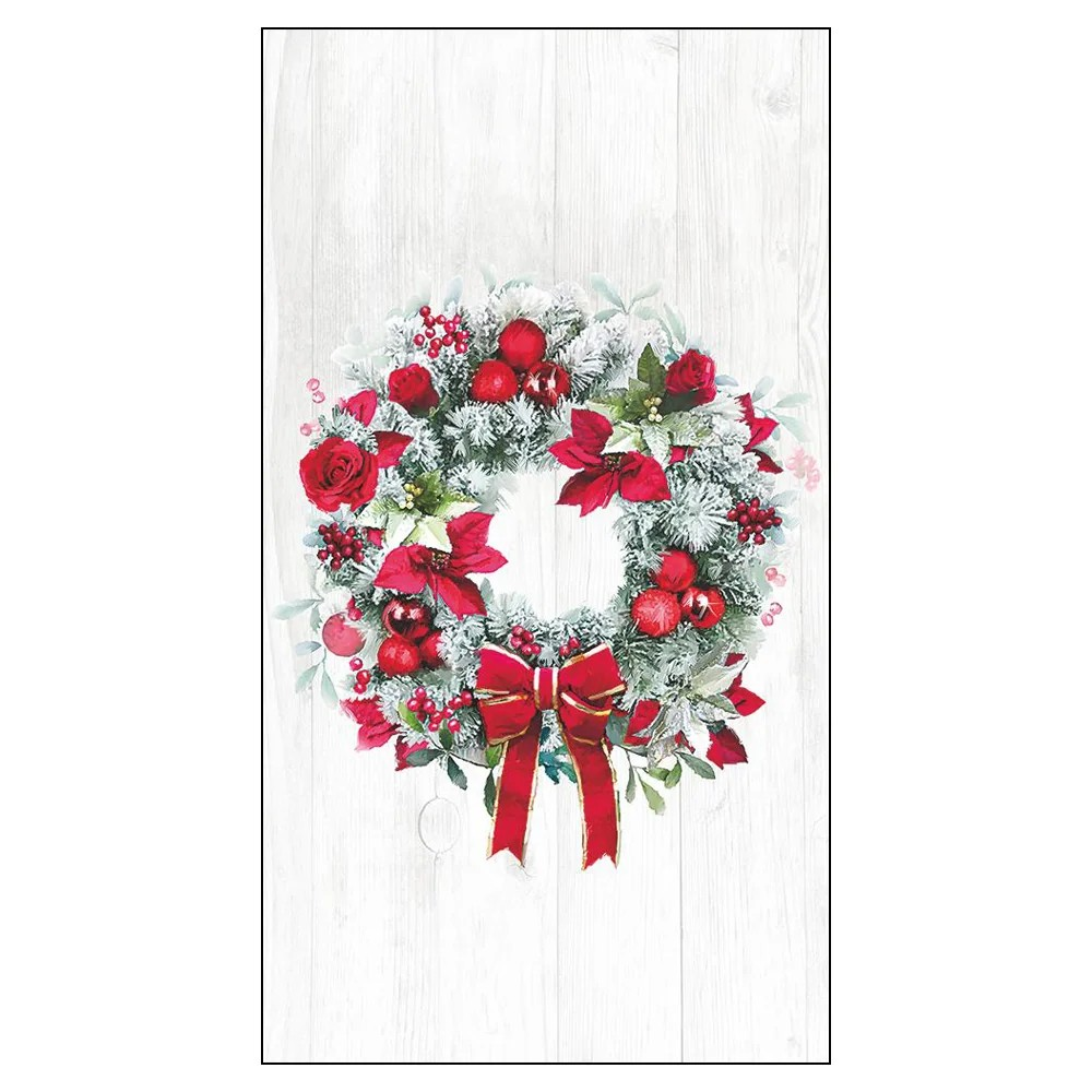 Decorative Christmas wreath Guest towel napkinswith red flowers and a bow on a white background