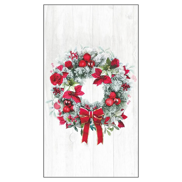 Decorative Christmas wreath Guest towel napkinswith red flowers and a bow on a white background